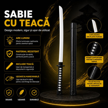 Sabie cu teacă și lumini LED, 67 cm – sabie de jucărie din plastic pentru copii