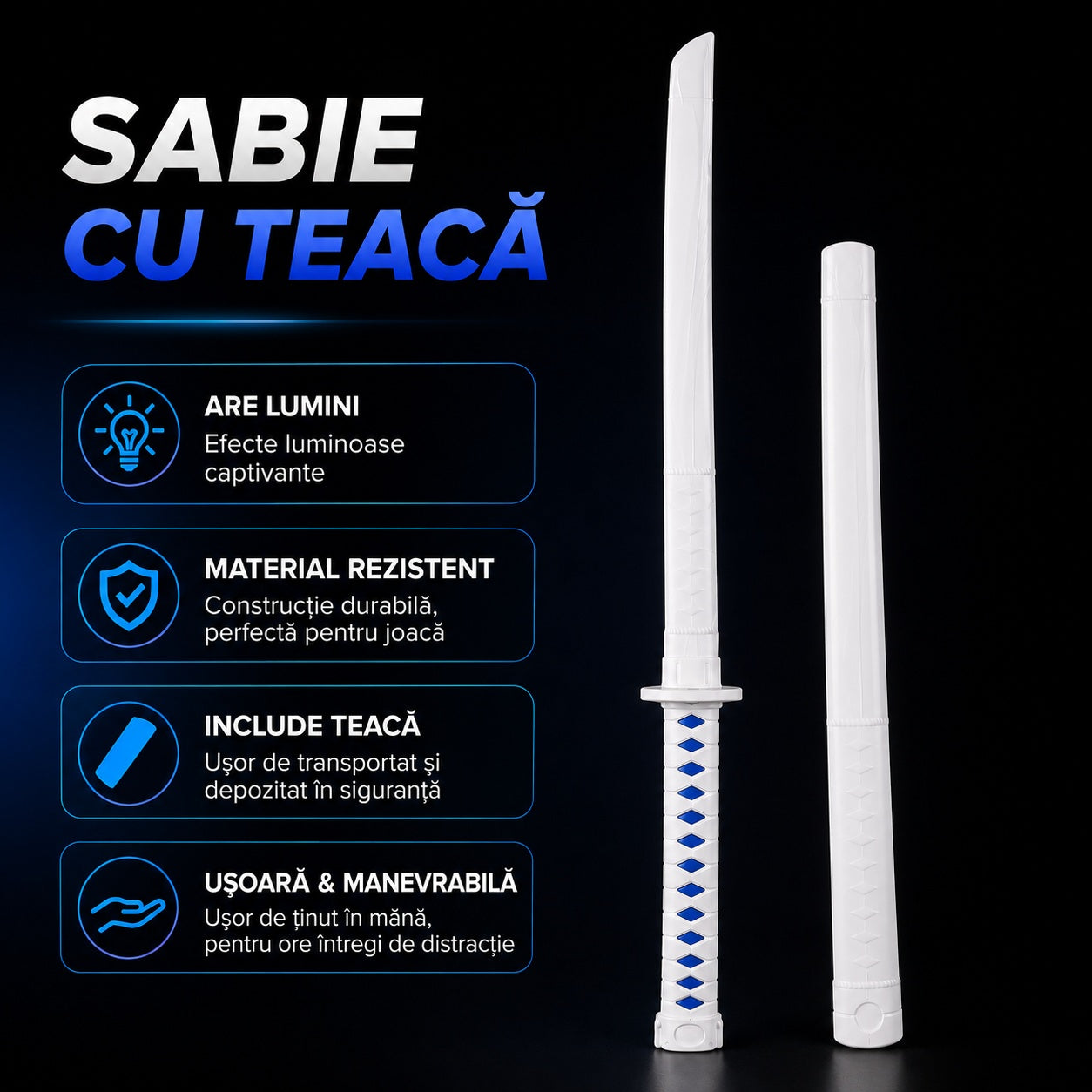Sabie cu teacă și lumini LED, cu detalii albastre, 67 cm – sabie de jucărie din plastic