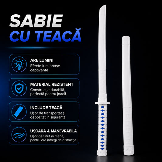 Sabie cu teacă și lumini LED, cu detalii albastre, 67 cm – sabie de jucărie din plastic