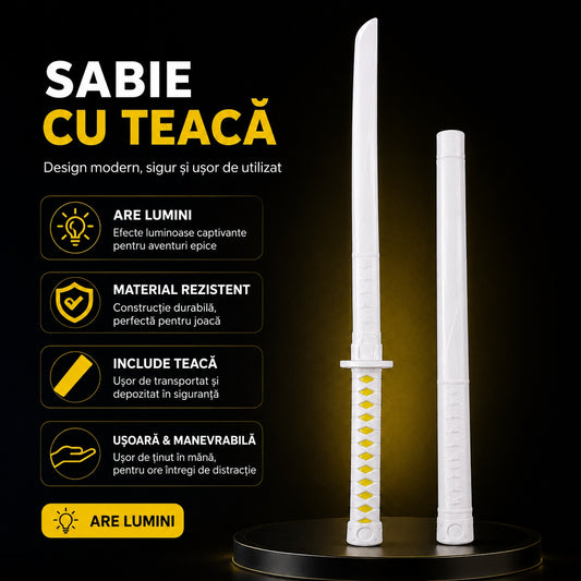 Sabie cu teacă și lumini LED, cu detalii galbene, 67 cm – sabie de jucărie din plastic