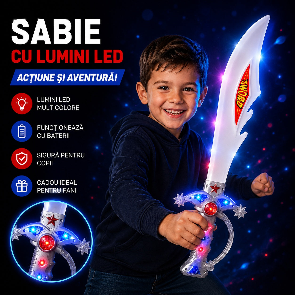 Sabie de jucărie cu lumini LED, 55 cm – sabie din plastic pentru copii, efecte luminoase
