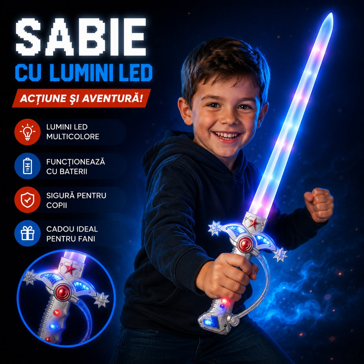 Sabie de jucărie cu lumini LED, 70 cm – sabie din plastic pentru copii, efecte luminoase