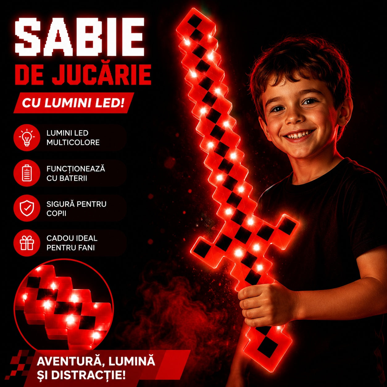 Sabie de jucărie rosie , cu lumini , 62 cm – sabie din plastic pentru copii