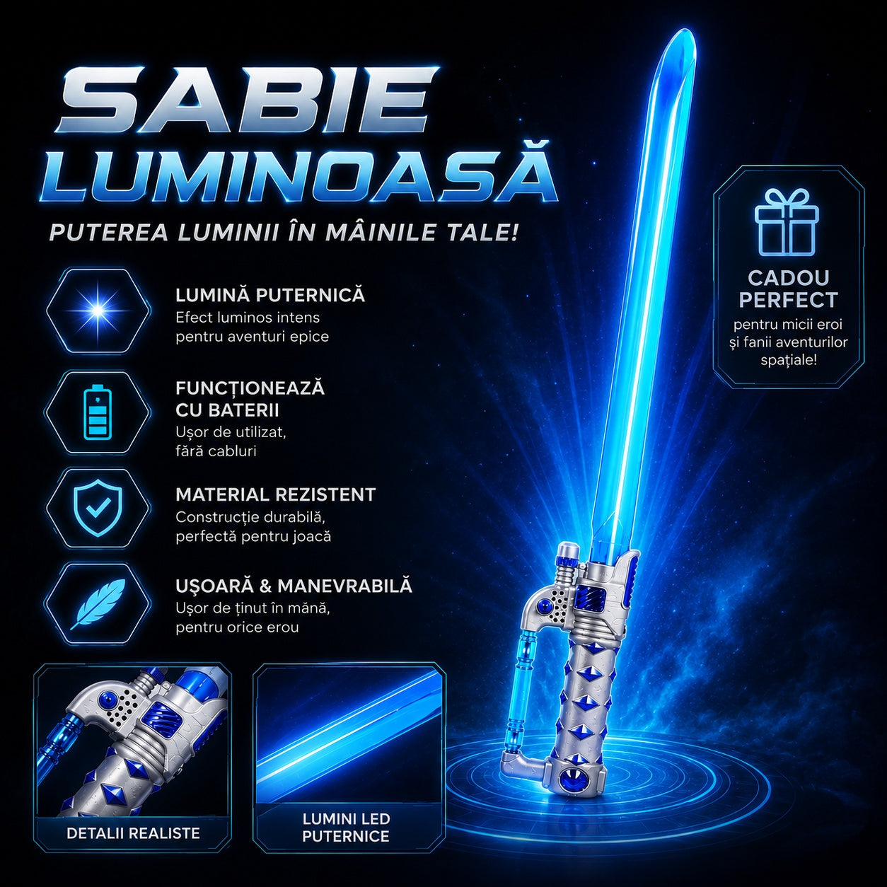 Sabie laser de jucărie albastră cu lumini LED, 65 cm – sabie din plastic pentru copii