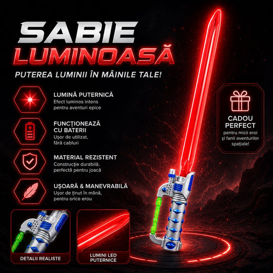 Sabie laser de jucărie roșie cu lumini LED, 65 cm – sabie din plastic pentru copii