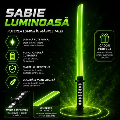 Sabie verde cu teacă și lumini LED, 67 cm – sabie de jucărie din plastic pentru copii