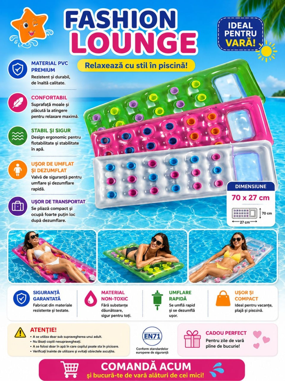Saltea Gonflabila Alba pentru Piscina, 70 x 27 cm, cu Perna Integrata, PVC Premium