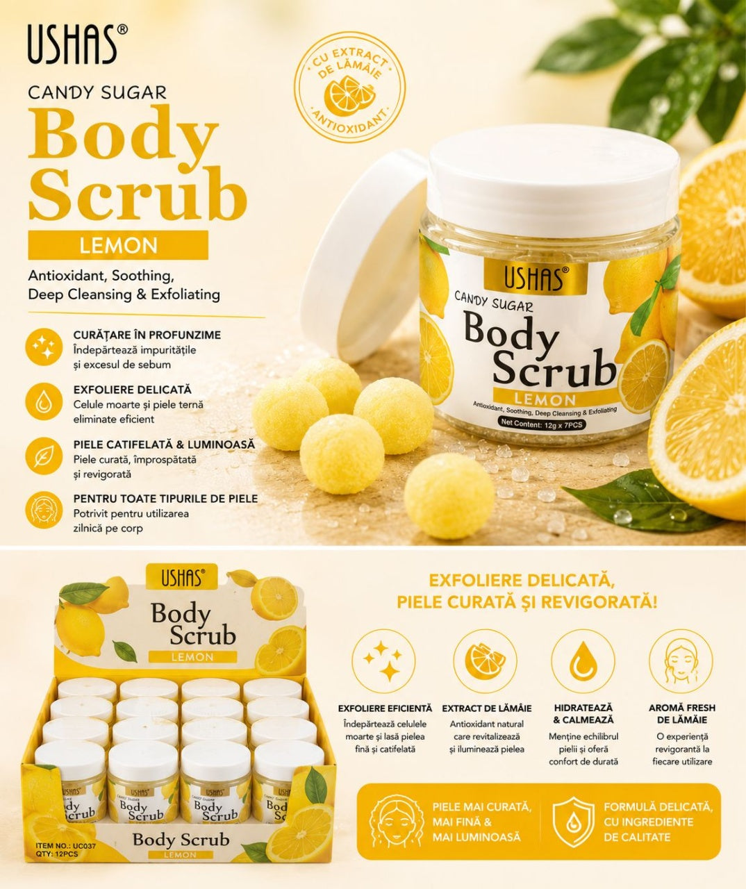 Scrub de Corp cu Lămâie Ushas Candy Sugar Body Scrub – Exfoliant cu Extract de Lămâie