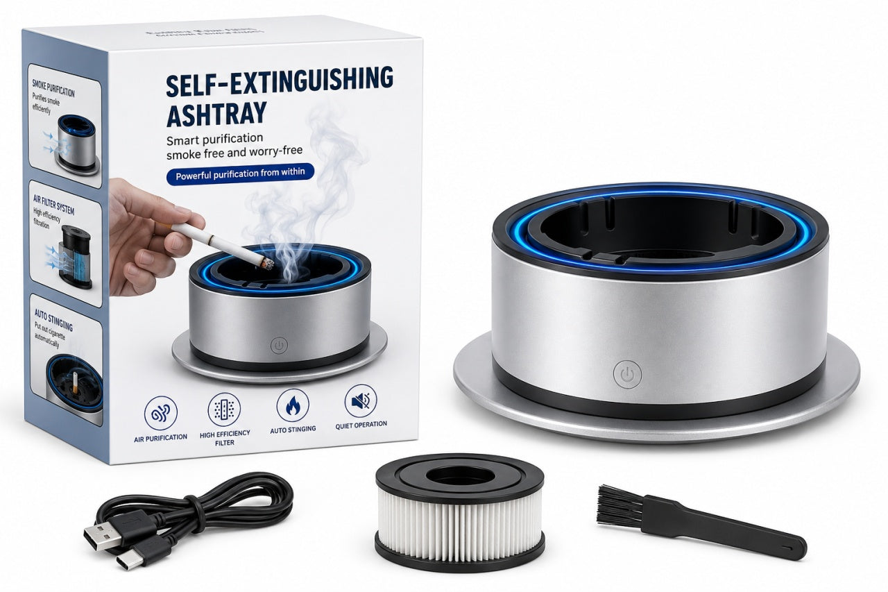 Scrumiera electrica cu purificator de aer si filtru pentru fum, sistem auto stingere tigari