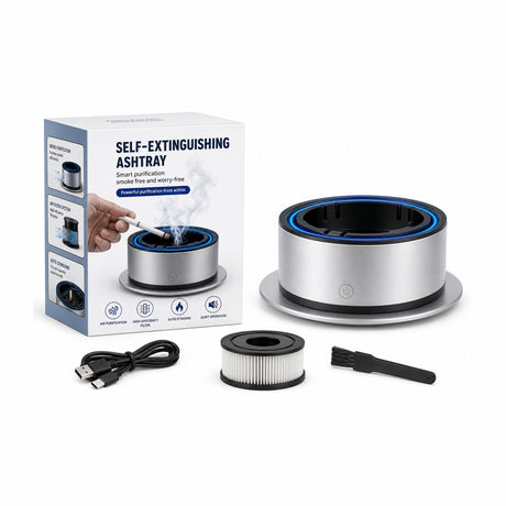 Scrumiera electrica cu purificator de aer si filtru pentru fum, sistem auto stingere tigari