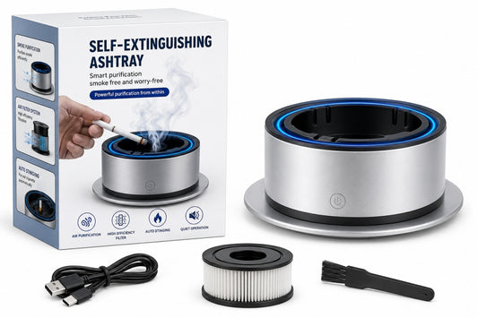 Scrumiera electrica cu purificator de aer si filtru pentru fum, sistem auto stingere tigari