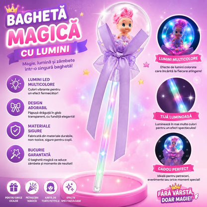 Set 10 baghete magice cu lumini LED mov si papusica in glob pentru copii
