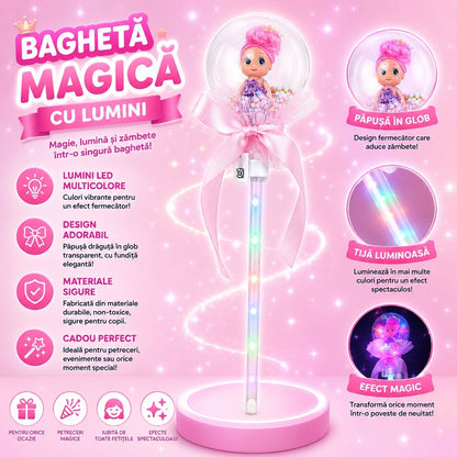 Set 10 baghete magice cu lumini LED roz deschis si papusica in glob pentru copii