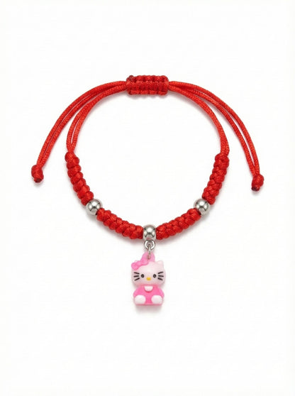 Set 10 bratari martisor snur rosu impletit reglabil cu figurina pisicuta