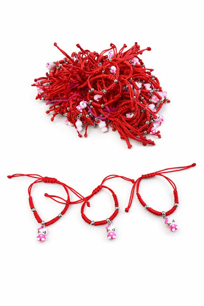 Set 10 bratari martisor snur rosu impletit reglabil cu figurina pisicuta