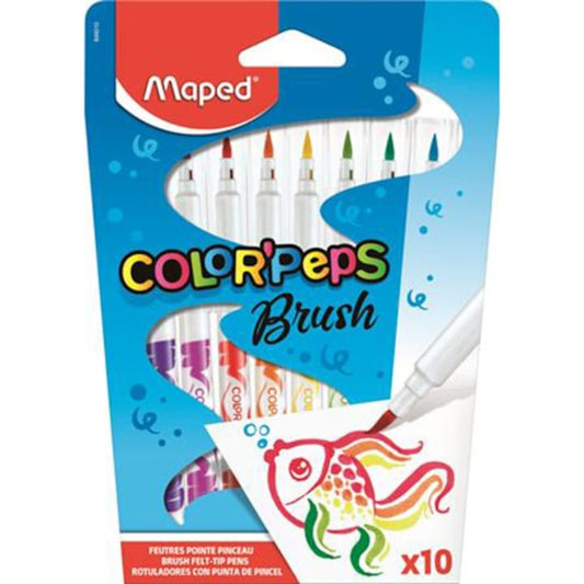 Set 10 carioci cu varf de pensula Maped Color Peps Brush , culori intense pentru desen si pictura creativa,