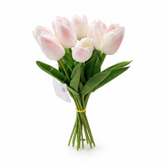 Set 10 lalele artificiale alb cu roz delicat soft touch, fir individual, 33cm