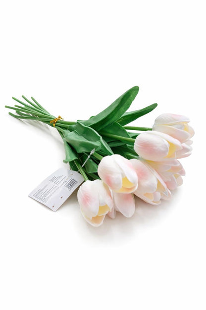 Set 10 lalele artificiale alb cu roz delicat soft touch, fir individual, 33cm
