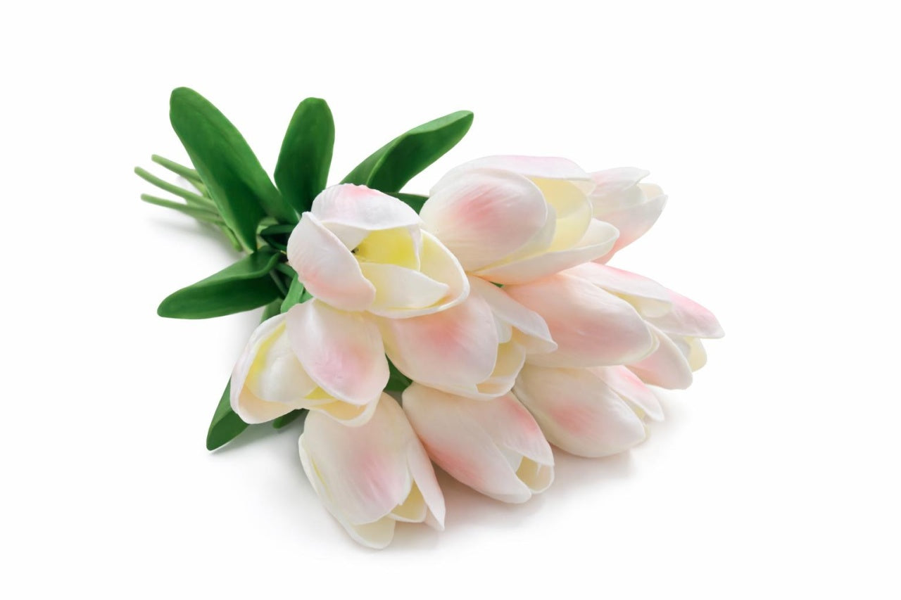 Set 10 lalele artificiale alb cu roz delicat soft touch, fir individual, 33cm