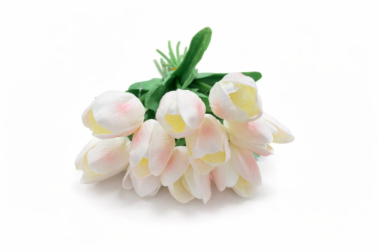Set 10 lalele artificiale alb cu roz delicat soft touch, fir individual, 33cm