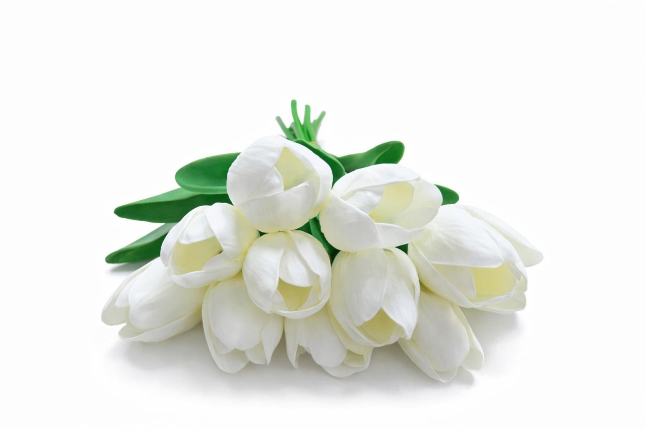 Set 10 lalele artificiale alb pur soft touch fir individual 33cm