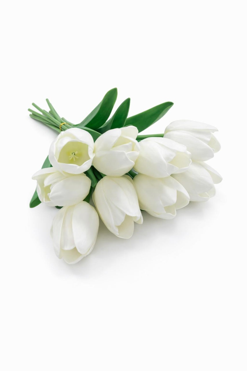 Set 10 lalele artificiale alb pur soft touch fir individual 33cm