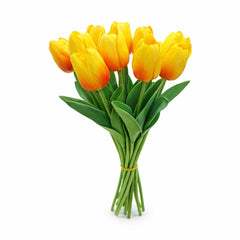 Set 10 lalele artificiale galben intens cu accente portocalii soft touch fir individual 33cm