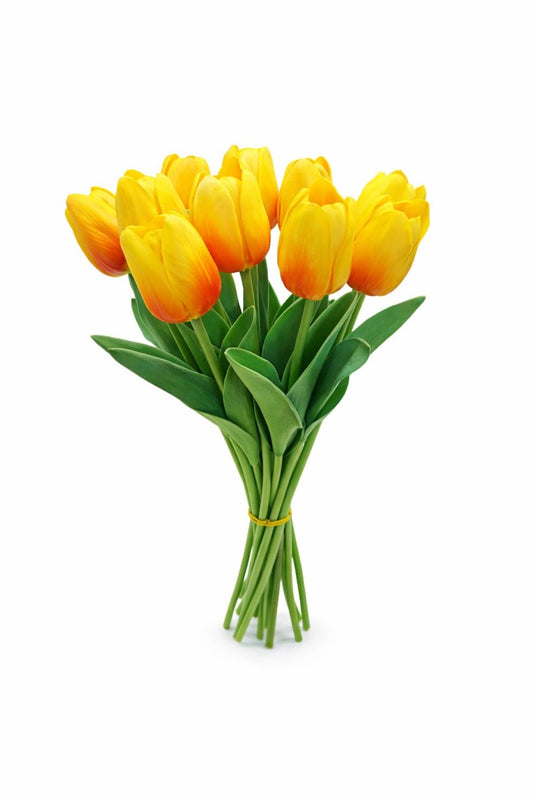 Set 10 lalele artificiale galben intens cu accente portocalii soft touch fir individual 33cm