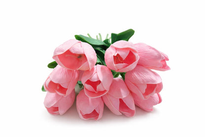 Set 10 lalele artificiale roz delicat soft touch, fir individual 33cm
