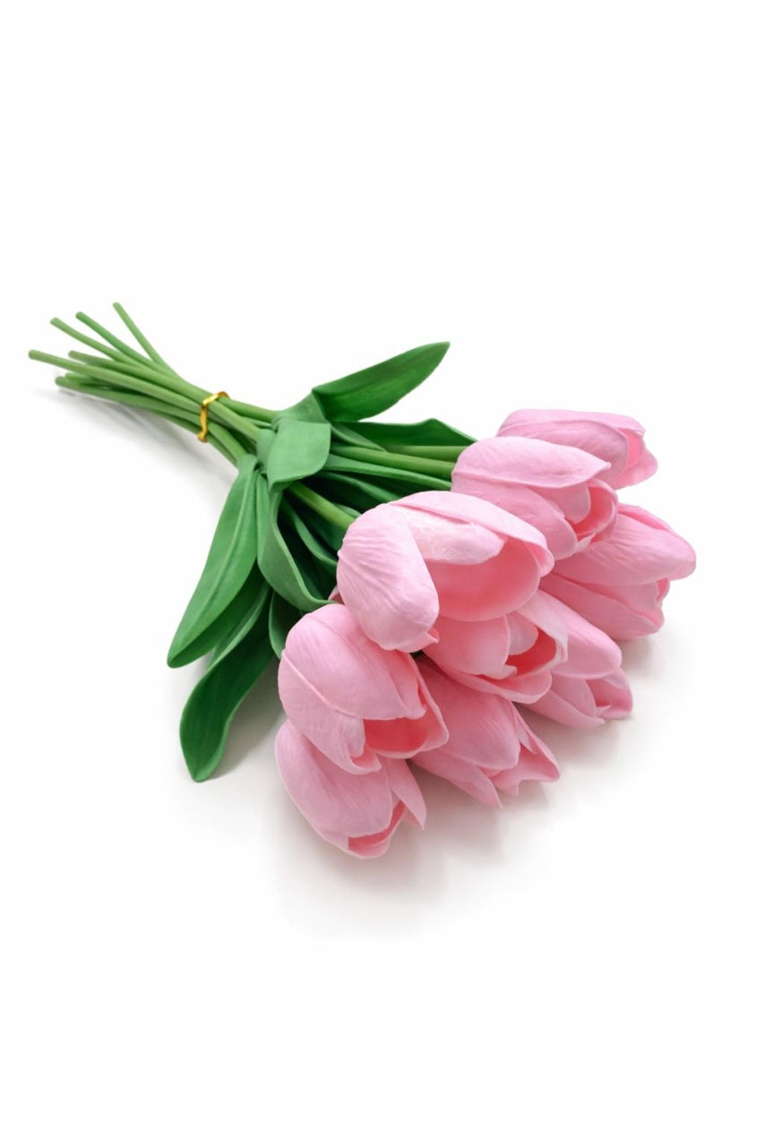 Set 10 lalele artificiale roz delicat soft touch, fir individual 33cm