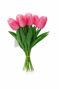 Set 10 lalele artificiale roz intens cu accente crem soft touch, fir individual, 33cm