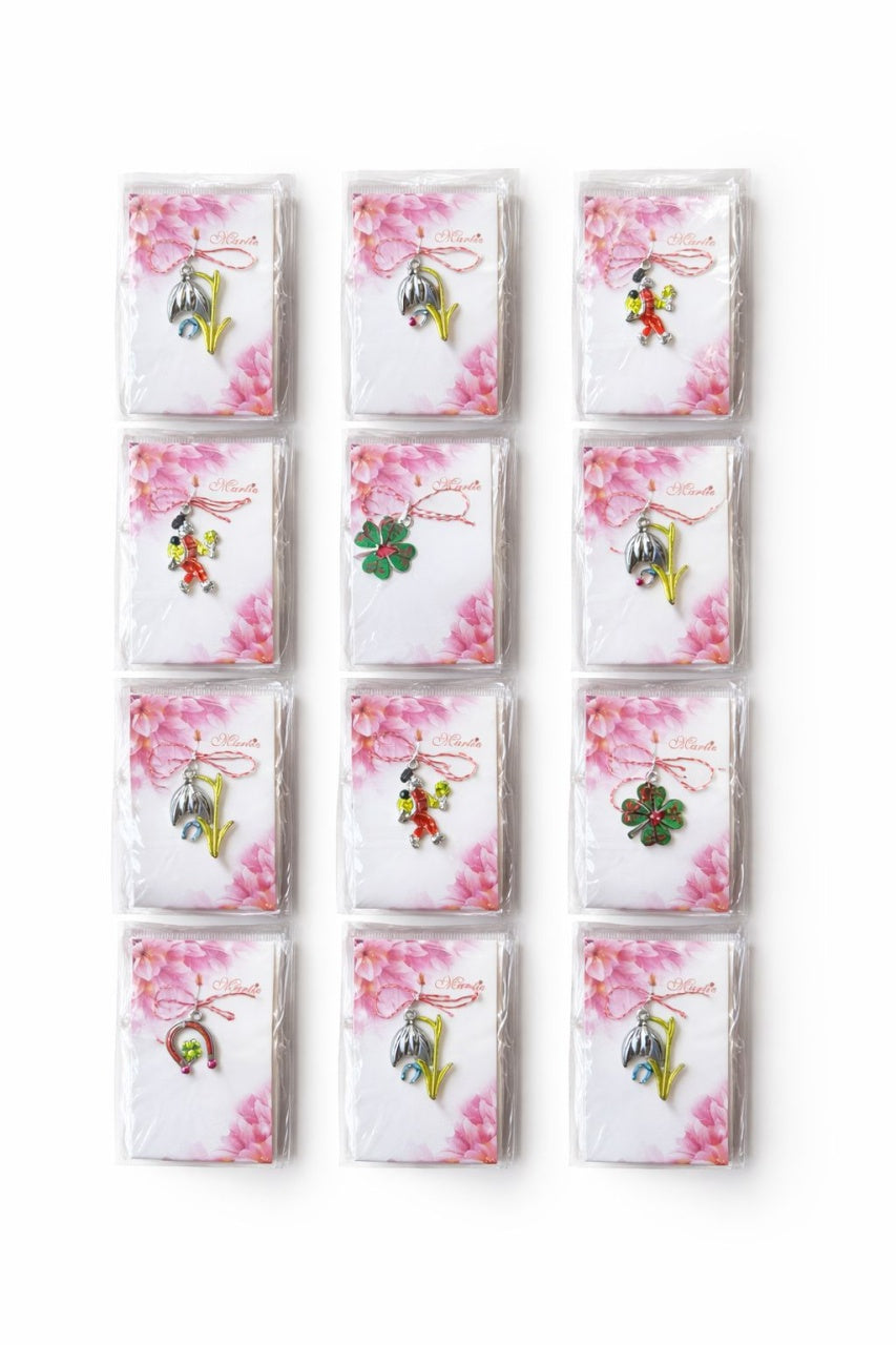 Set 100 de martisoare modele combinate, ambalaj individual elegant, 9x5cm