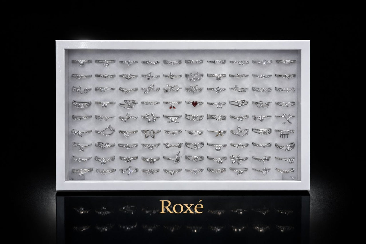 Set 100 inele argintii dama, modele diverse, marime reglabila, colectie eleganta ROXE