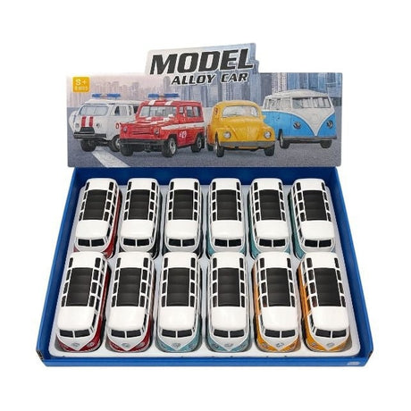 Set 12 Autobuze Retro Metalice cu Usi Deschise, Jucarii Masinute 3+
