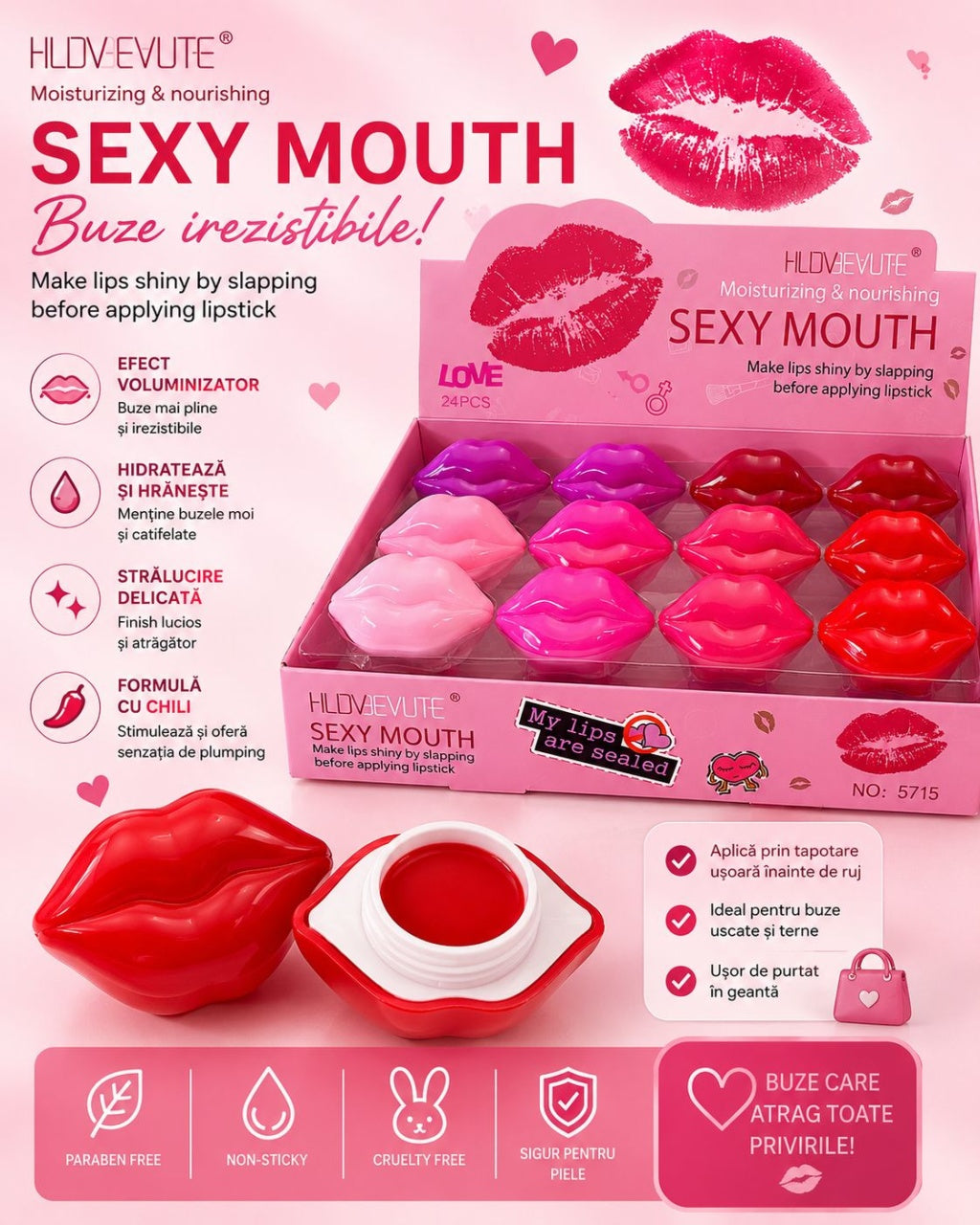 Set 12 Balsamuri de Buze Volumizatoare Sexy Mouth – Hidratante, Efect Plumping și Strălucire Intensă