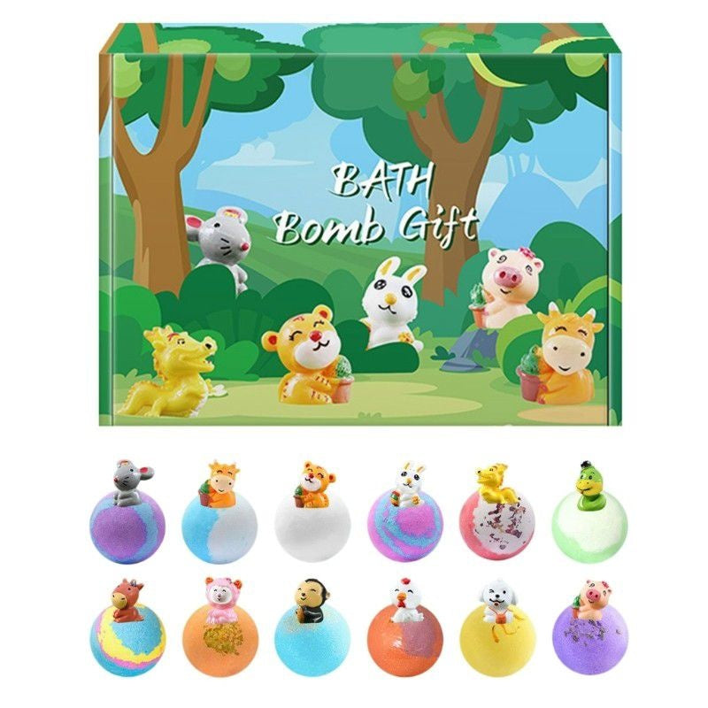 Set 12 Bile Efervescente de Baie pentru Copii cu Figurine Surpriză – Bombe de Baie Colorate cu Animăluțe