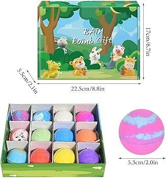 Set 12 Bile Efervescente de Baie pentru Copii cu Figurine Surpriză – Bombe de Baie Colorate cu Animăluțe