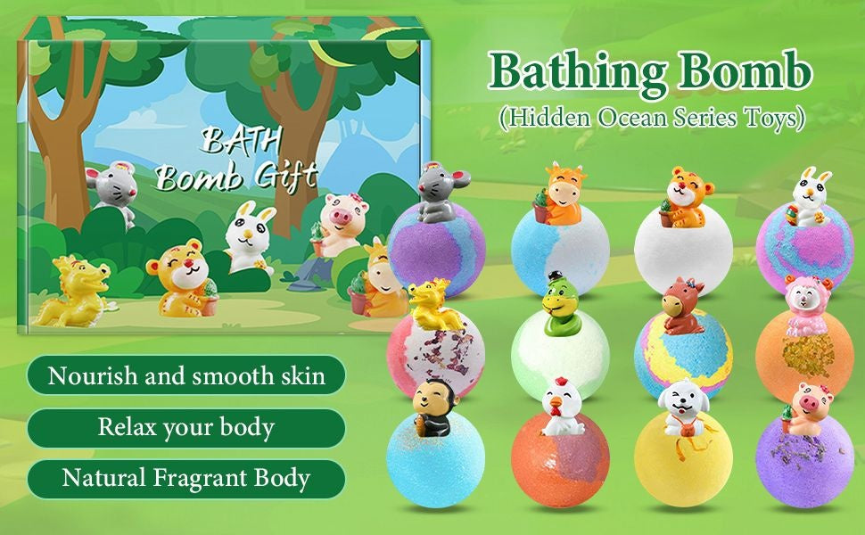 Set 12 Bile Efervescente de Baie pentru Copii cu Figurine Surpriză – Bombe de Baie Colorate cu Animăluțe