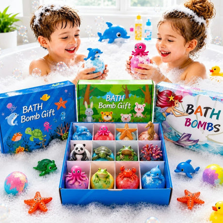 Set 12 Bile Efervescente de Baie pentru Copii cu Figurine Surpriză – Bombe de Baie Colorate cu Animăluțe
