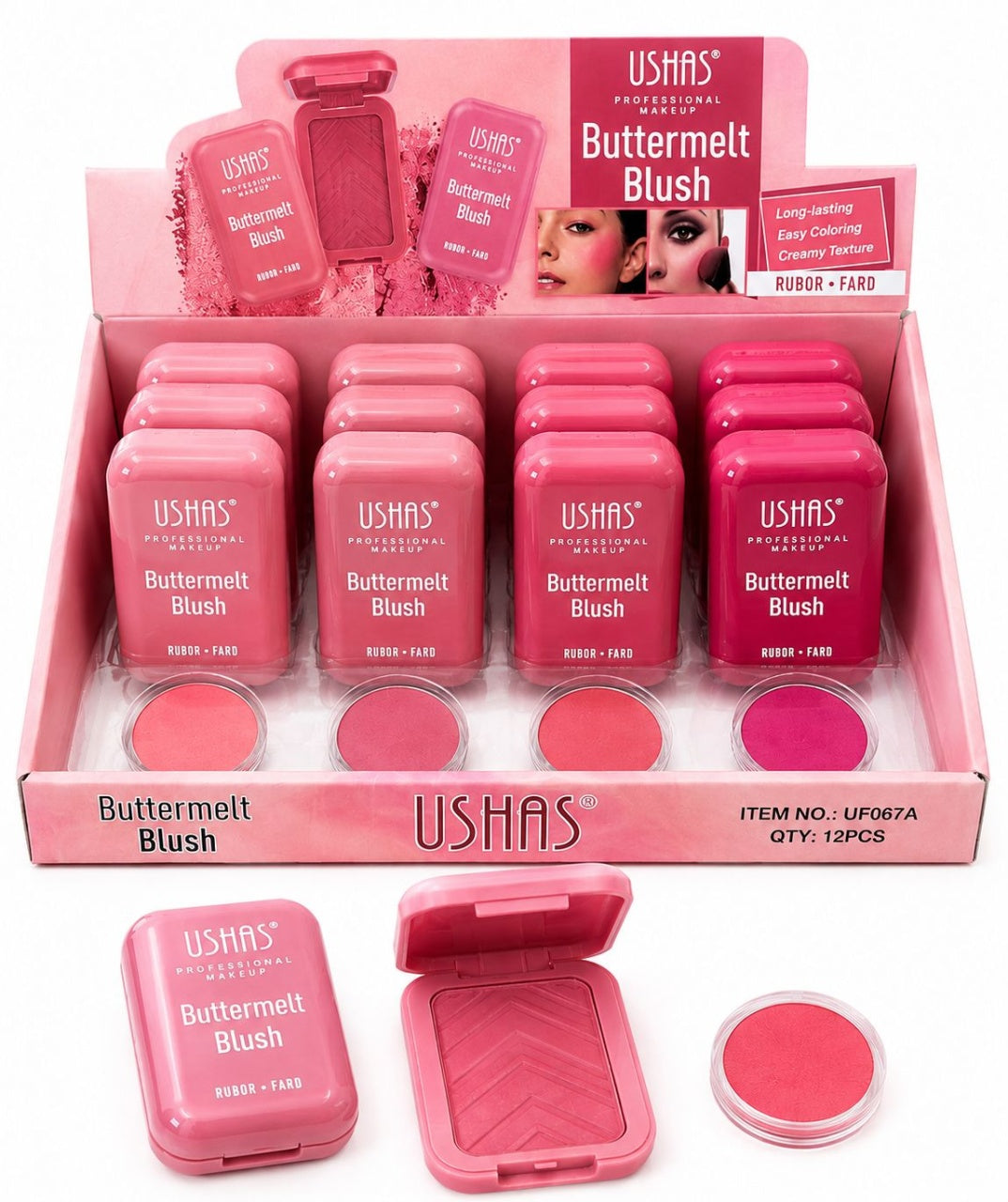 Set 12 Blush-uri USHAS Buttermelt – Nuanțe Roz, Textură Catifelată, Pigmentare Intensă