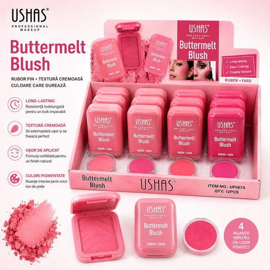Set 12 Blush-uri USHAS Buttermelt – Nuanțe Roz, Textură Catifelată, Pigmentare Intensă