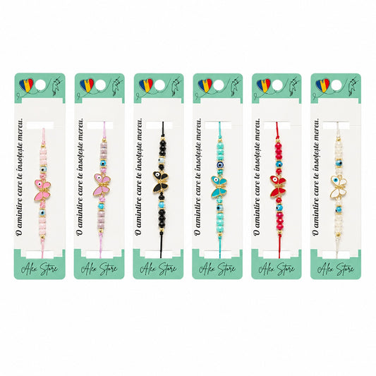 Set 12 Brățări cu Pandantiv Fluturaș, Reglabile, Multicolore, Mărgele Decorative și Accente Aurii