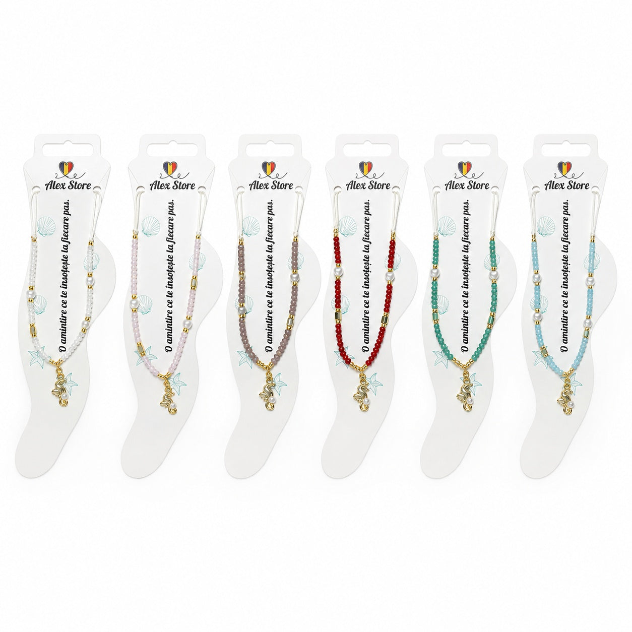 Set 12 bratari de picior Roxe, 20cm, cu calut de mare si perluta, margele colorate, reglabile