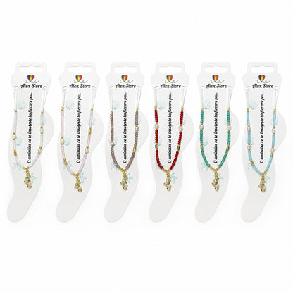 Set 12 bratari de picior Roxe, 20cm, cu calut de mare si perluta, margele colorate, reglabile