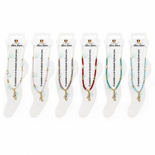 Set 12 bratari de picior Roxe, 20cm, cu calut de mare si perluta, margele colorate, reglabile