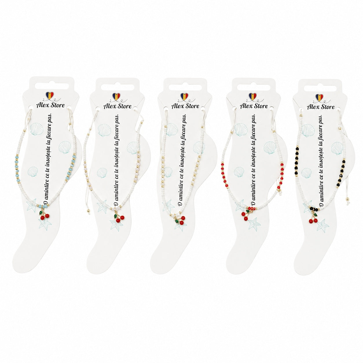 Set 12 bratari de picior Roxe, 20cm, cu margele colorate si pandantiv cirese