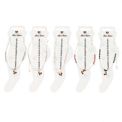 Set 12 bratari de picior Roxe, 20cm, cu margele colorate si pandantiv cirese