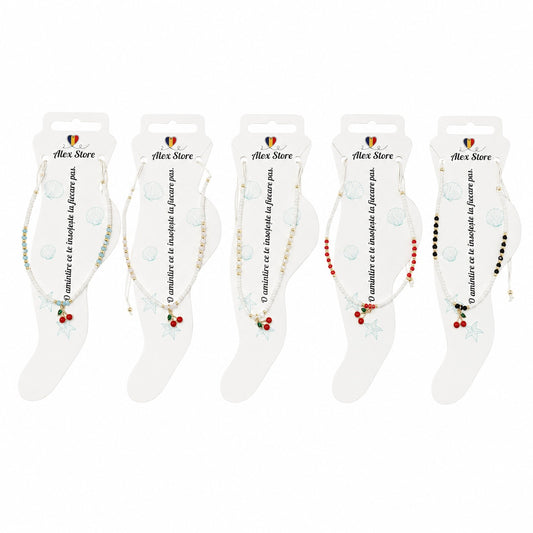 Set 12 bratari de picior Roxe, 20cm, cu margele colorate si pandantiv cirese