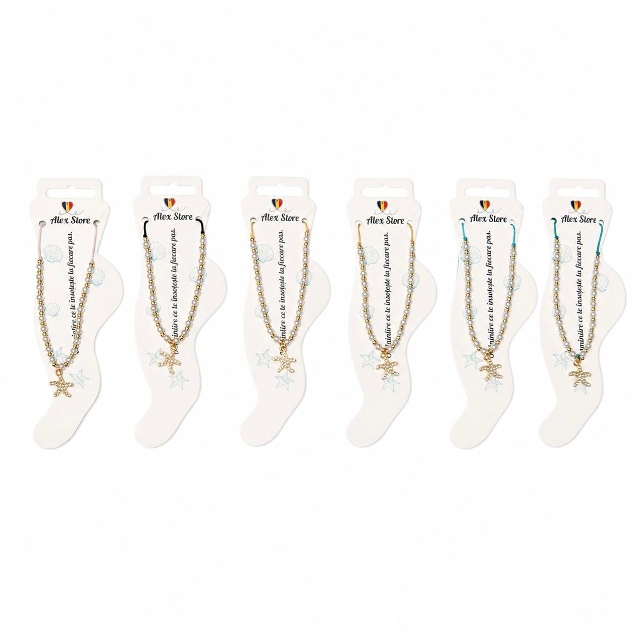 Set 12 bratari de picior Roxe, 20cm, cu steluta aurie si perle albe, reglabile
