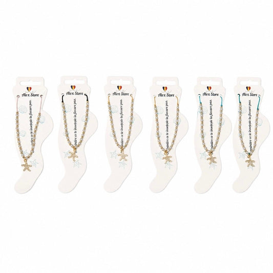 Set 12 bratari de picior Roxe, 20cm, cu steluta aurie si perle albe, reglabile